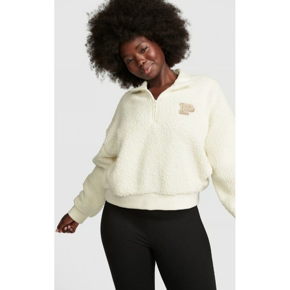 PINK Victoria's Secret Womens Size XL Cozy Fleece Half Zip Pullover Ivory‎ NWT